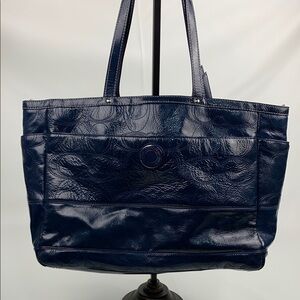 Coach Patent Leather Shiny Navy Blue Tote Diaper Bag Silver satin lined Pockets